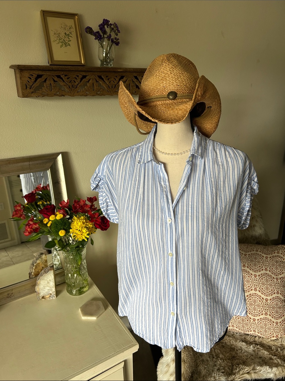 Gap white blue striped button down cotton shirt oversized S